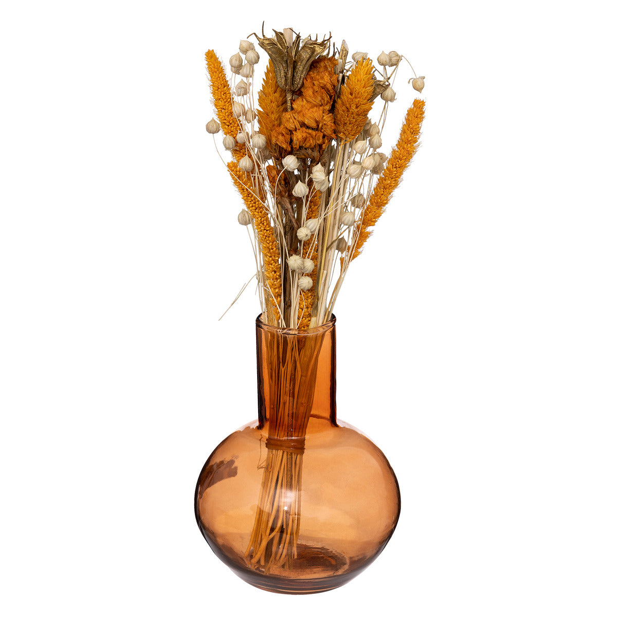 COMPOSITION DE FLEURS SECHEES VASE EN VERRE H 27CM