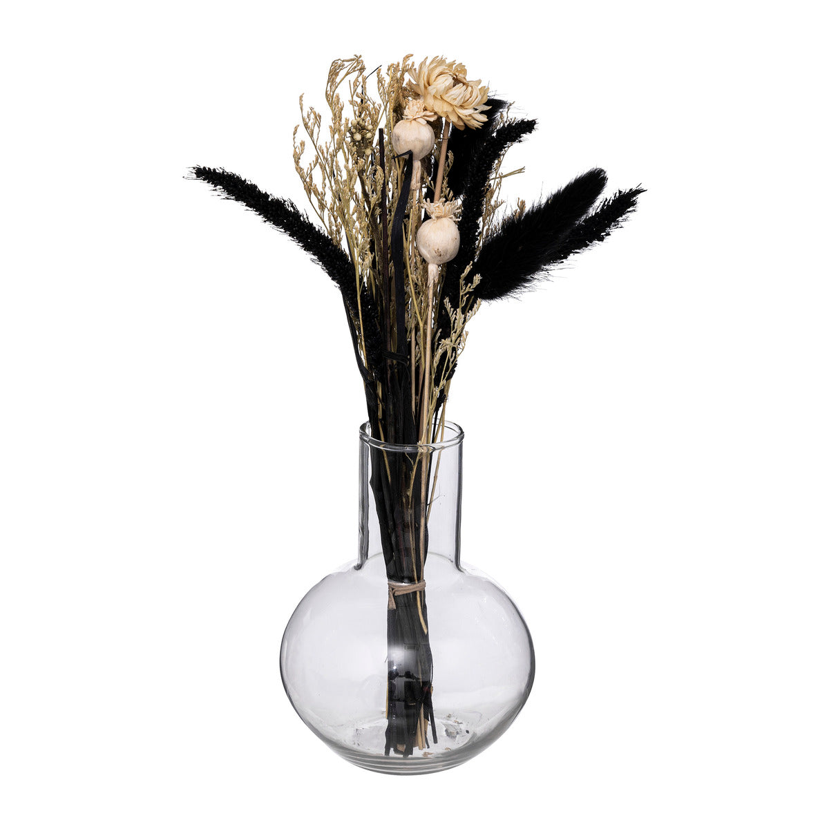 COMPOSITION DE FLEURS SECHEES VASE EN VERRE H 27CM